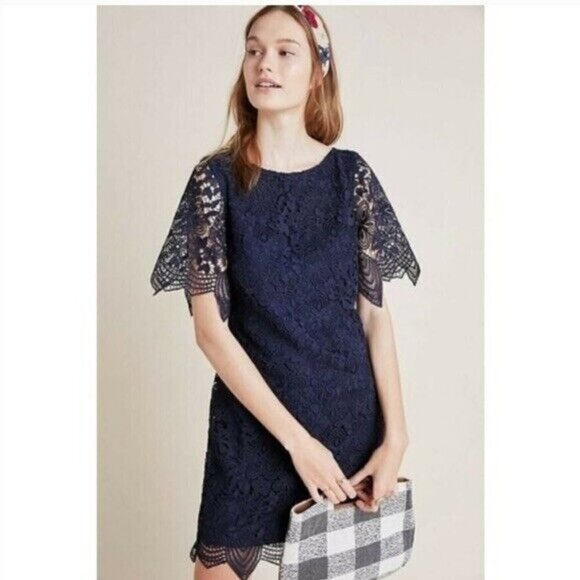 Anthropologie Charleston Lace Sheath Mini Dress Sz 2 Navy Blue Flutter Sleeve - Picture 1 of 10